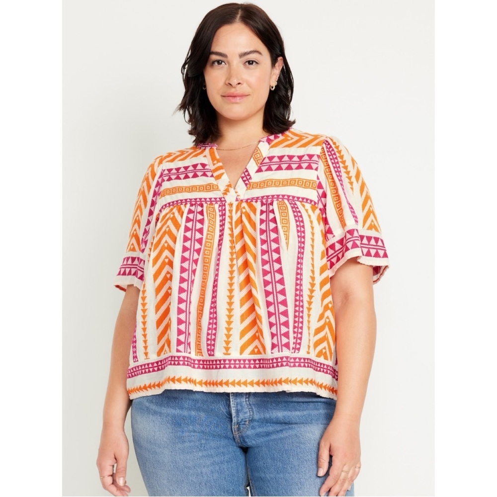 Old Navy Split Neck Top Women 4X Textured Geo Popover Boho Short Sleeve Colorful
